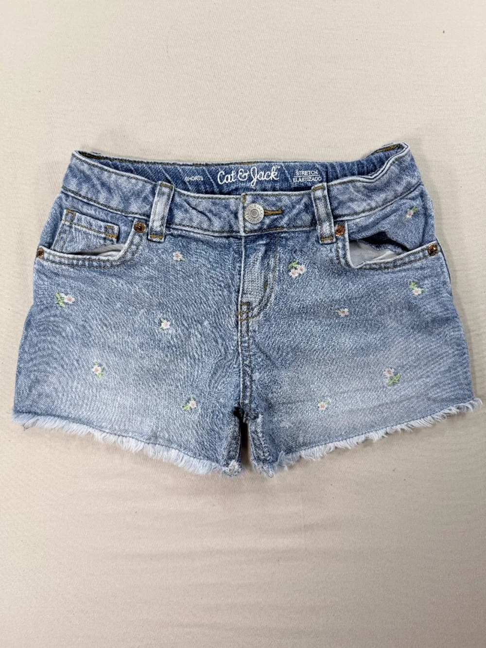Cat & Jack Girls Floral Embroidered Denim Jean Shorts Stretch Size S (6/7)